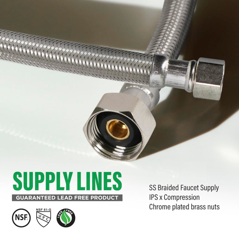 HIGHCRAFT EverFlow Faucet Connector 8" Stainless Steel, 27108-NL-2-G, Braided Brass Nuts 1/2" IPS X 3/8 Female Thread Compression Fitting Chrome Plated Finish Lead-Free Pack of 2 (1 PAIR) - Image 2